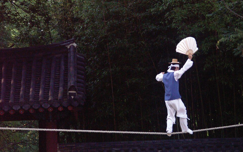 A tightrope walker keeping balance, which takes the whole nervous system