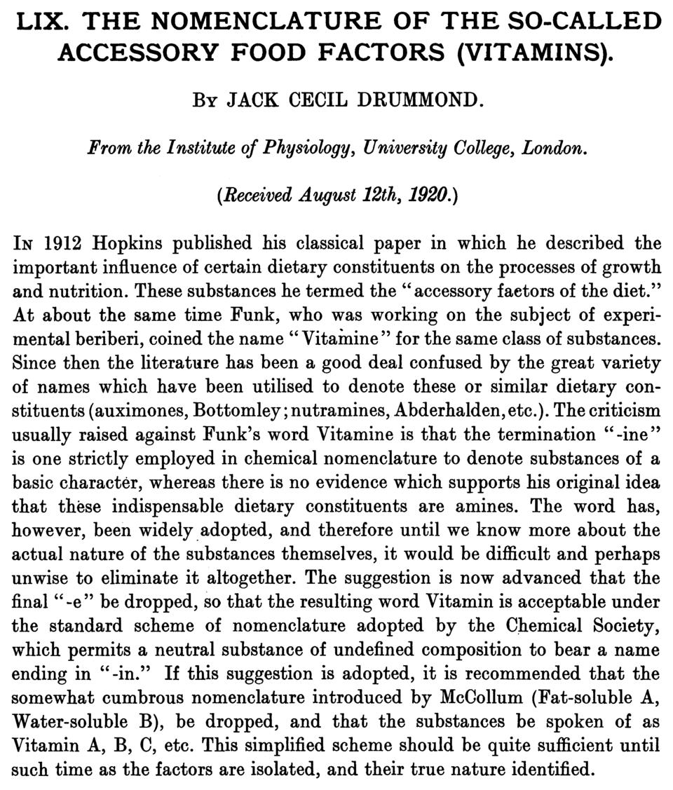 Old science paper that named vitamins