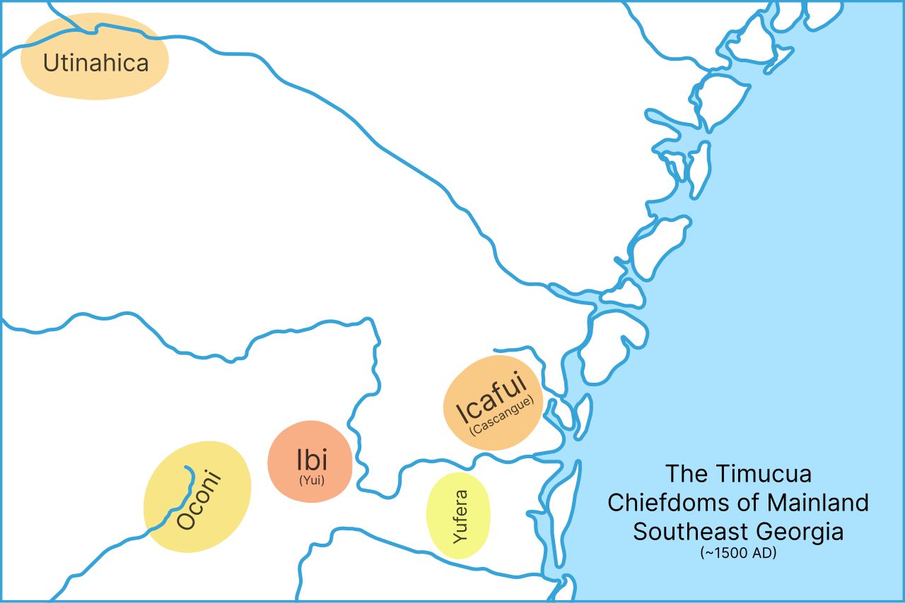 Map showing the territories of Timucua chiefdoms in what is now southeastern Georgia