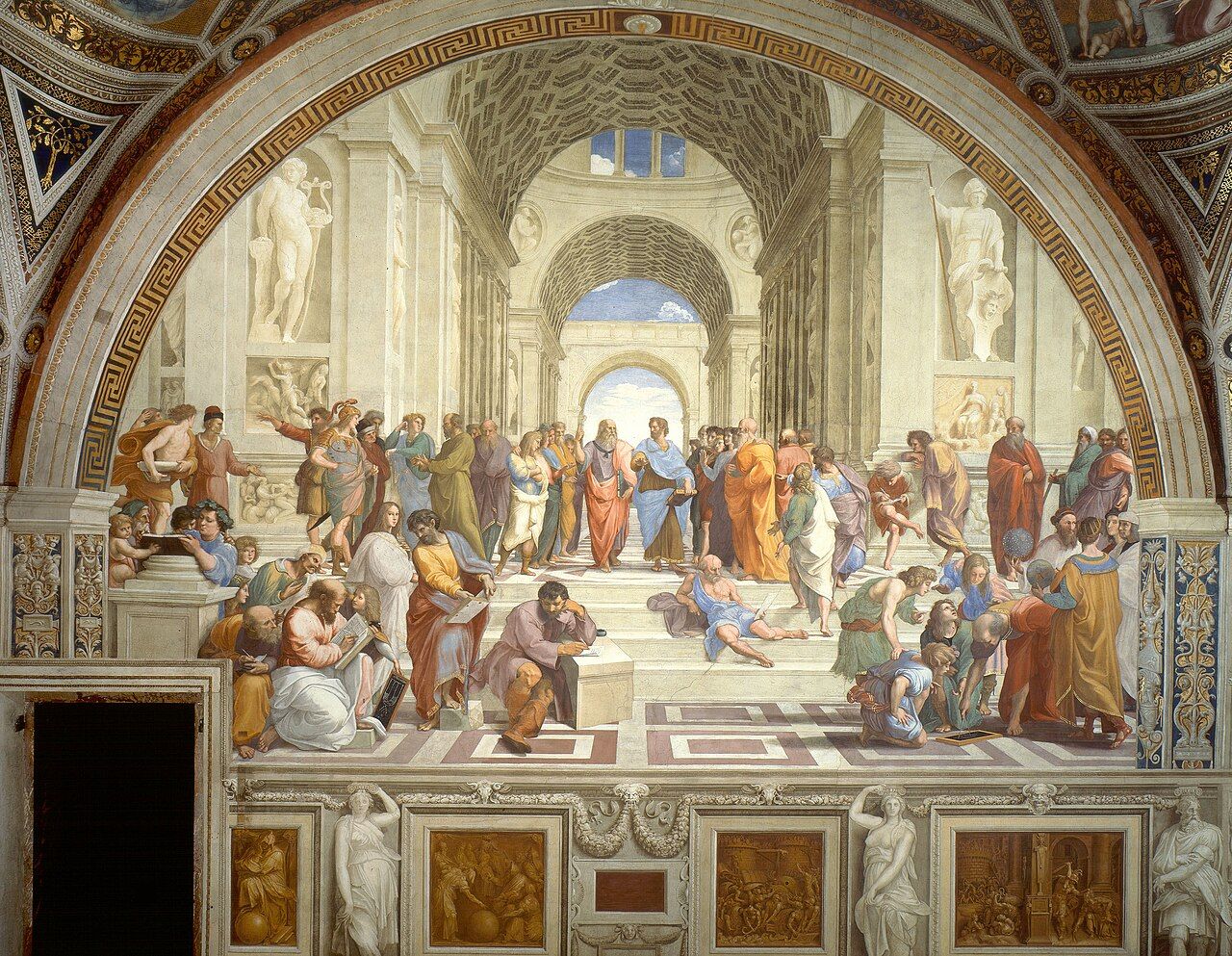 Raphael&rsquo;s School of Athens (1509&ndash;11): Plato gestures upward to principle, Aristotle outward to the world &mdash; a useful emblem for the split in normative theory.