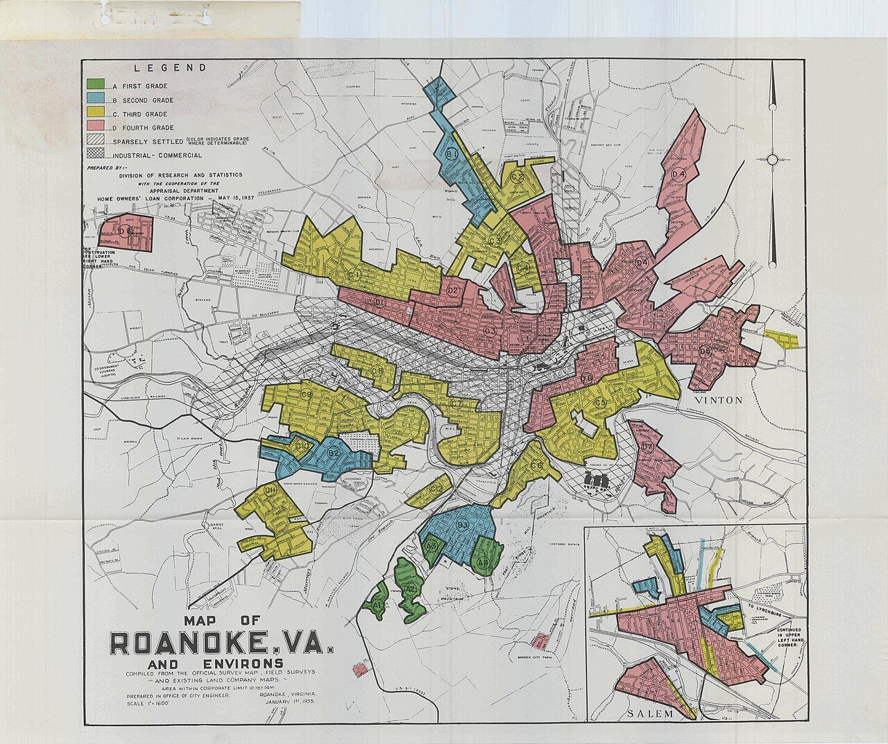 A Home Owners&rsquo; Loan Corporation &ldquo;residential security&rdquo; map; between 1935 and 1940 the agency graded neighbourhoods in 239 cities, and the lowest grade &mdash; shaded red &mdash; trac