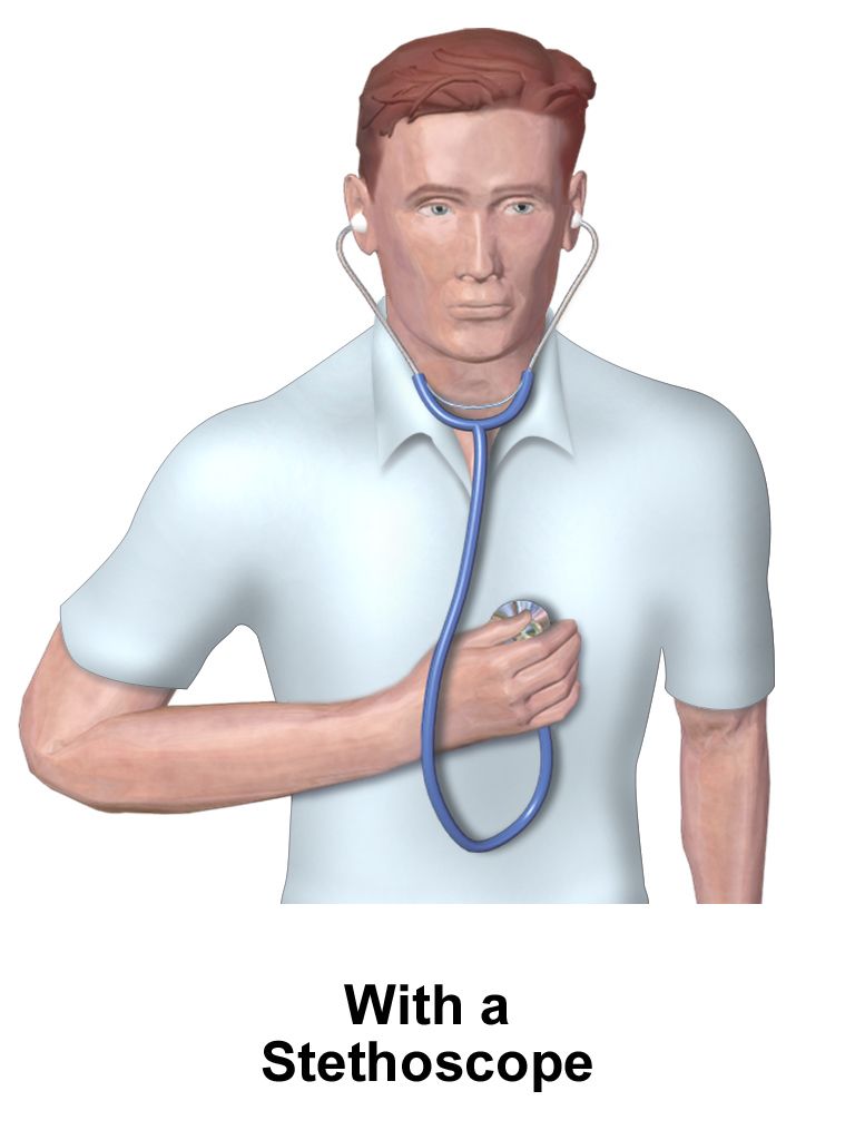 Clinician auscultating a patient's posterior chest with a stethoscope beside a normal posteroanterior chest radiograph
