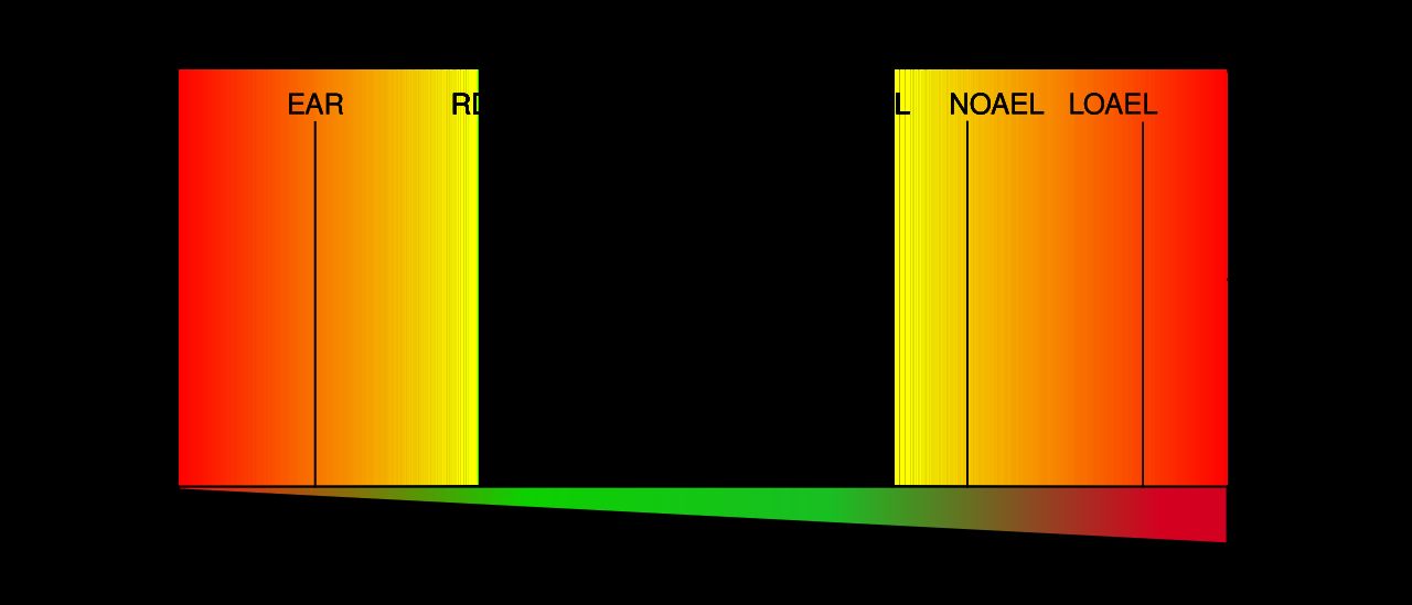 Diagram of the Dietary Reference Intakes showing EAR, RDA, AI, and Tolerable Upper Intake Level on a risk curve