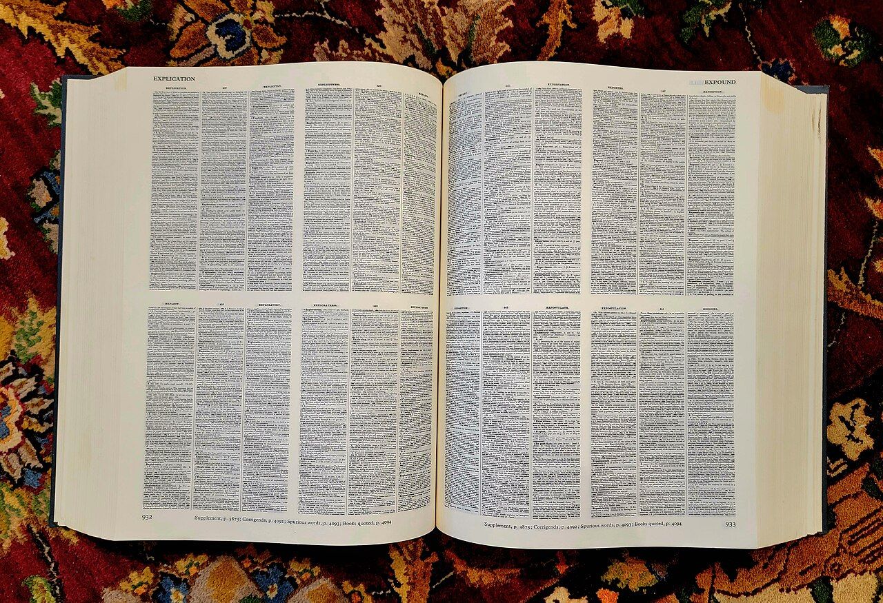 An open dictionary page photographed close up, with dense columns of entries and one headword visible in bold type at the top of a column.