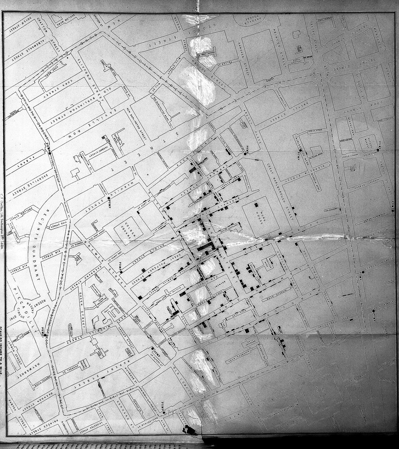 John Snow's 1854 map of the Soho cholera outbreak, with stacked black bars marking deaths at each address clustering around the Broad Street water pump