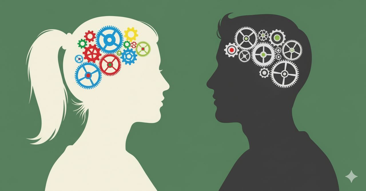 Two figures with interlocking gears turning inside their heads, representing reasoning and critical thinking