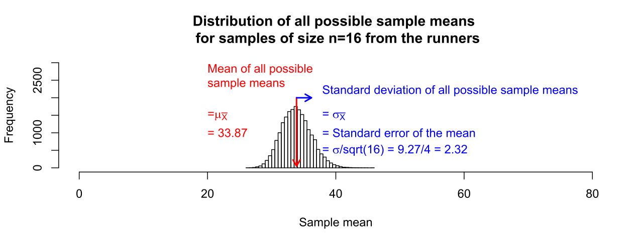 Histogram of all possible sample means, showing a symmetric bell shape centered on the population mean