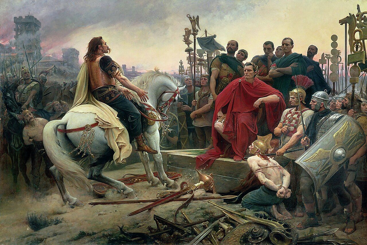 Oil painting of Vercingetorix on horseback throwing his weapons down before a seated Julius Caesar, ringed by Roman soldiers
