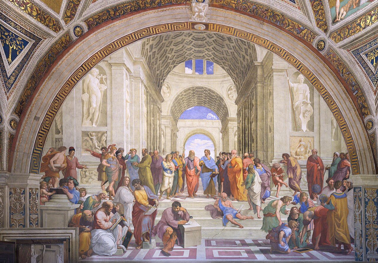 Raphael's fresco The School of Athens showing ancient philosophers gathered under vast receding barrel vaults built on a single vanishing point