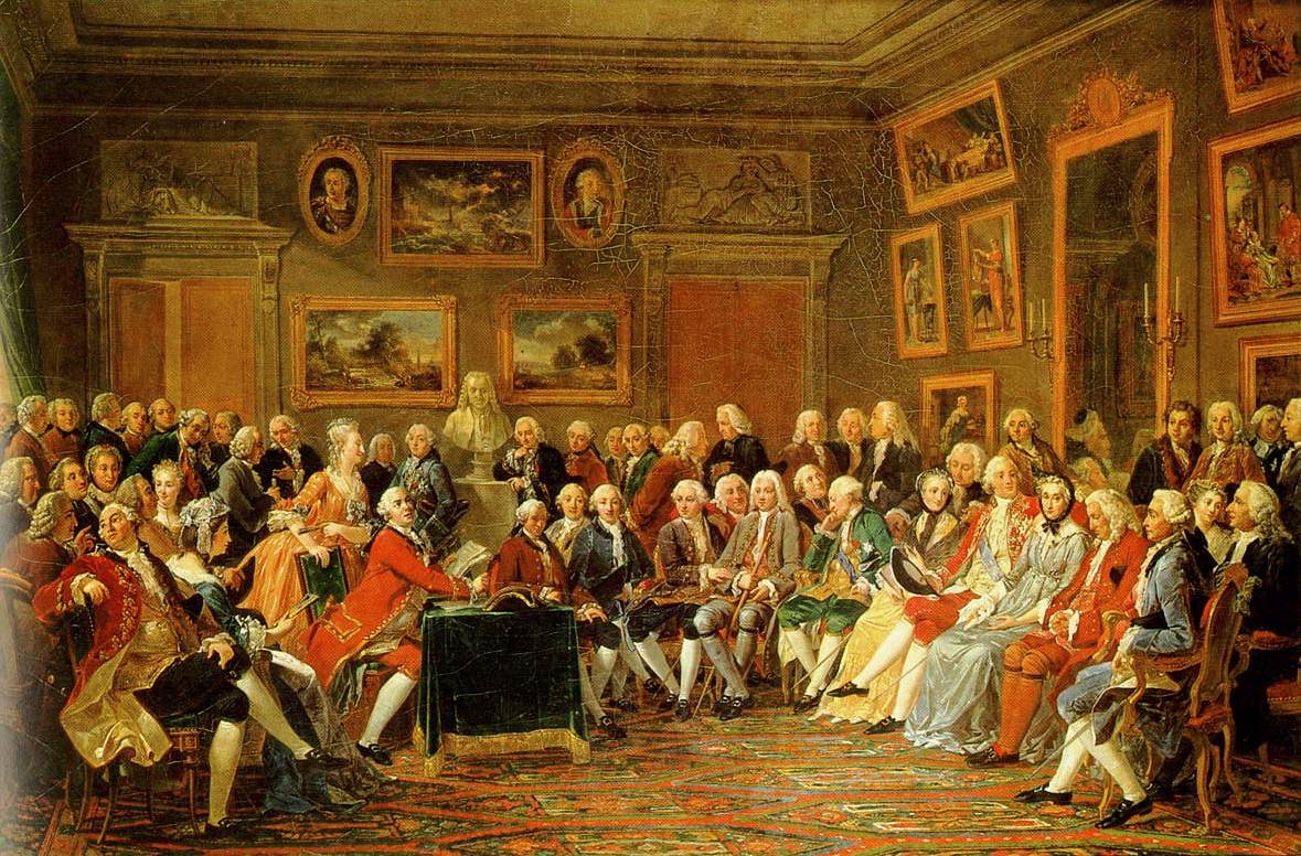 Painting of a Paris salon, with a hostess seated among philosophers and guests listening to a reading in an elegant eighteenth-century drawing room